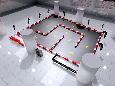 Indoor Obstacle Area Setup With Red White Barriers Columns And Yellow Arrows 3d model