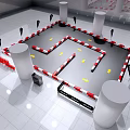 Indoor Obstacle Area Setup With Red White Barriers Columns And Yellow Arrows