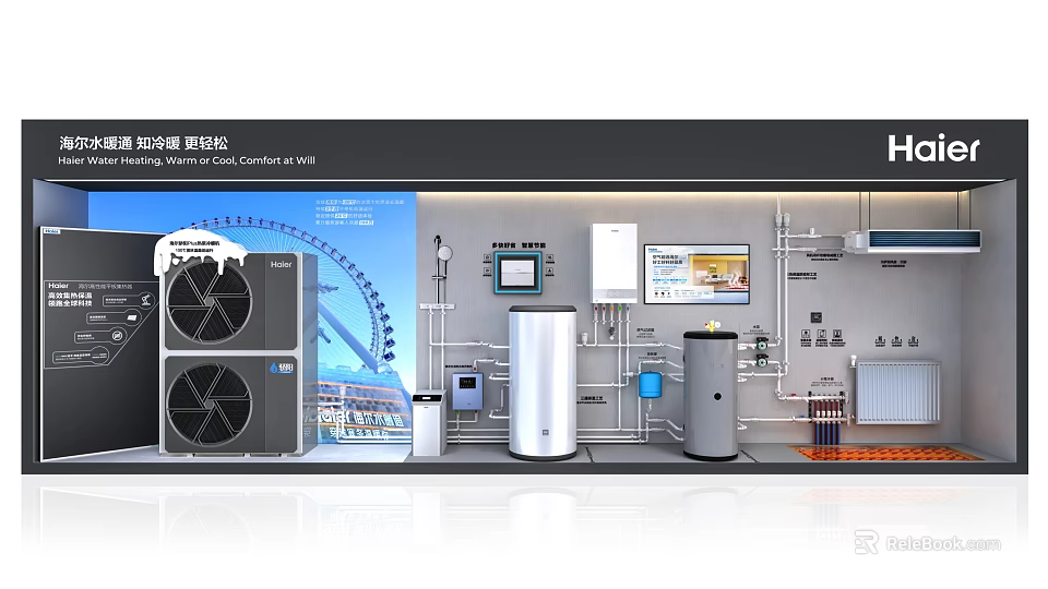 Household Appliances Case Exhibition With Air Source Heat Pump Water Heater And Control Panel 3d model 