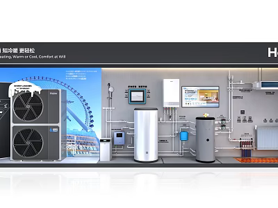 Household Appliances Case Exhibition With Air Source Heat Pump Water Heater And Control Panel 3d model