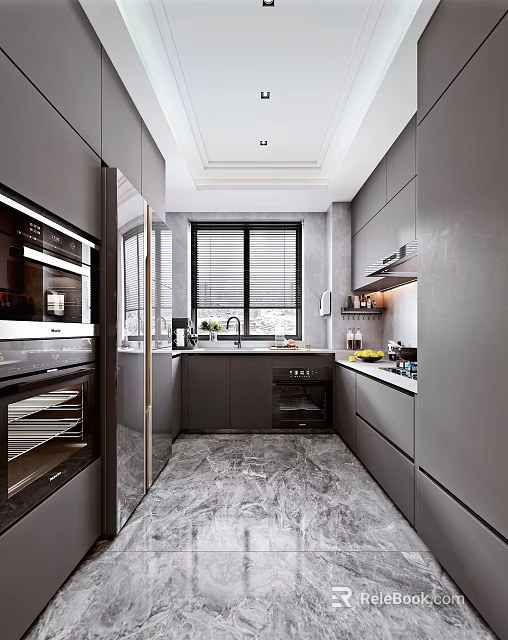 Modern Kitchen Interior With Dark Gray Cabinets Marble Floor And Appliances 3d model