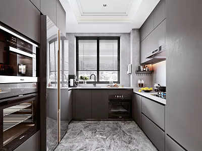 Modern Kitchen Interior With Dark Gray Cabinets Marble Floor And Appliances 3d model