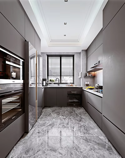 Modern Kitchen Interior With Dark Gray Cabinets Marble Floor And Appliances 3d model