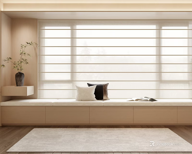 Cozy Modern Bay Window Seat With Potted Plant Decorative Pillows And Storage Cabinets 3d model 