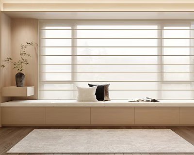 Cozy Modern Bay Window Seat With Potted Plant Decorative Pillows And Storage Cabinets 3d model