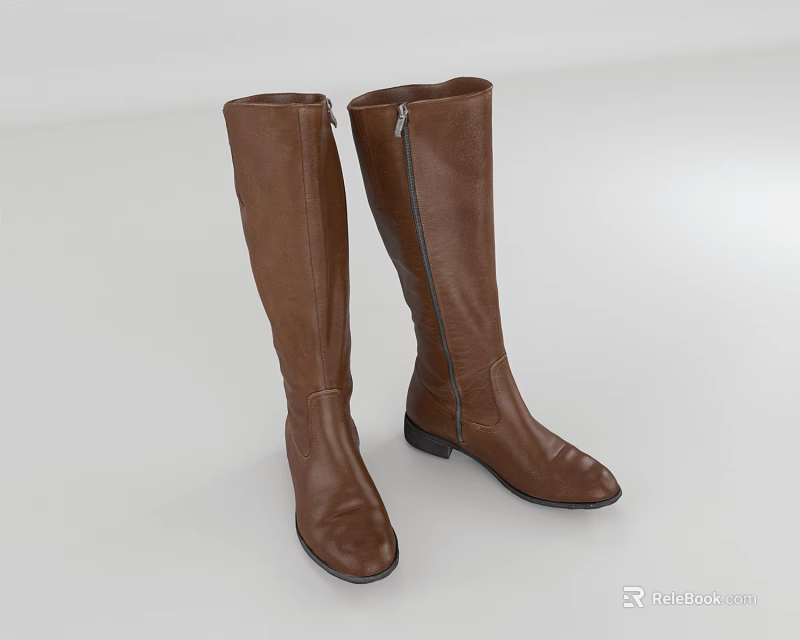 Brown Leather Knee High Boots With Zipper Design For Fashion Look 3d model 