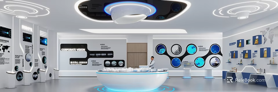 Modern Tech Inspired Exhibition Hall Featuring Circular Display Counter Digital Screens And Ceiling Lighting 3d model