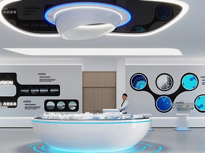 Modern Tech Inspired Exhibition Hall Featuring Circular Display Counter Digital Screens And Ceiling Lighting 3d model