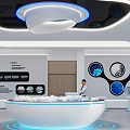 Modern Tech Inspired Exhibition Hall Featuring Circular Display Counter Digital Screens And Ceiling Lighting