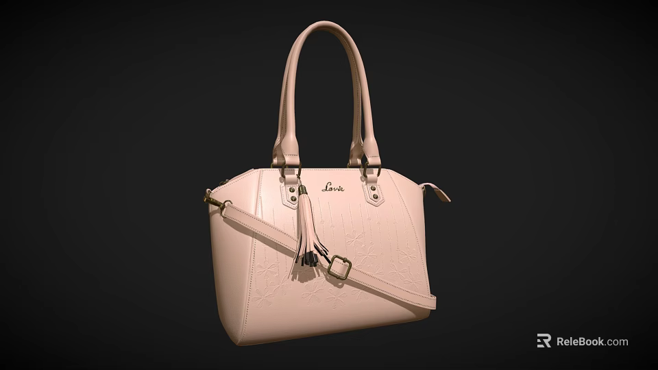 Beige Leather Handbag Featuring Embossed Pattern Top Handles And Detachable Strap 3d model