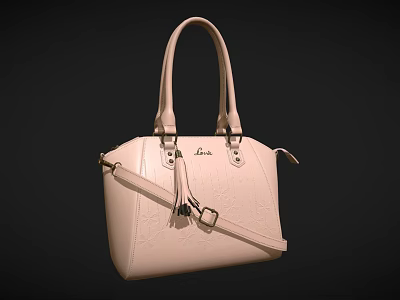 Beige Leather Handbag Featuring Embossed Pattern Top Handles And Detachable Strap 3d model
