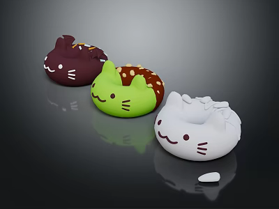 Cute Cat Shaped Food Snacks With Brown Green White Colors And Decorative Sprinkles 3d model
