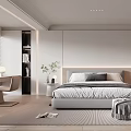Modern Bedroom Interior Design With Bedside Table Pendant Lights Bookshelf And Rug