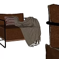 Brown Leather Single Sofa with Red White Striped Pillow Beige Blanket and Black Metal Frame