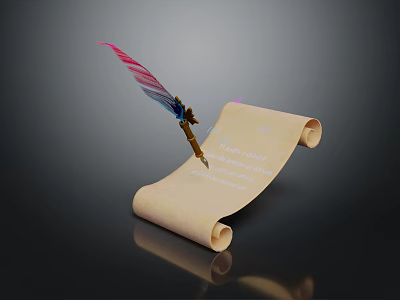 Antique Scroll With Feather Pen And Vintage Writing Tools On Dark Background 3d model