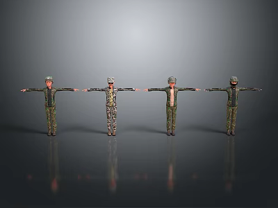 Four Game and Movie Characters in Different Military Camouflage Outfits with Arms Outstretched Pose 3d model