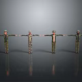 Four Game and Movie Characters in Different Military Camouflage Outfits with Arms Outstretched Pose