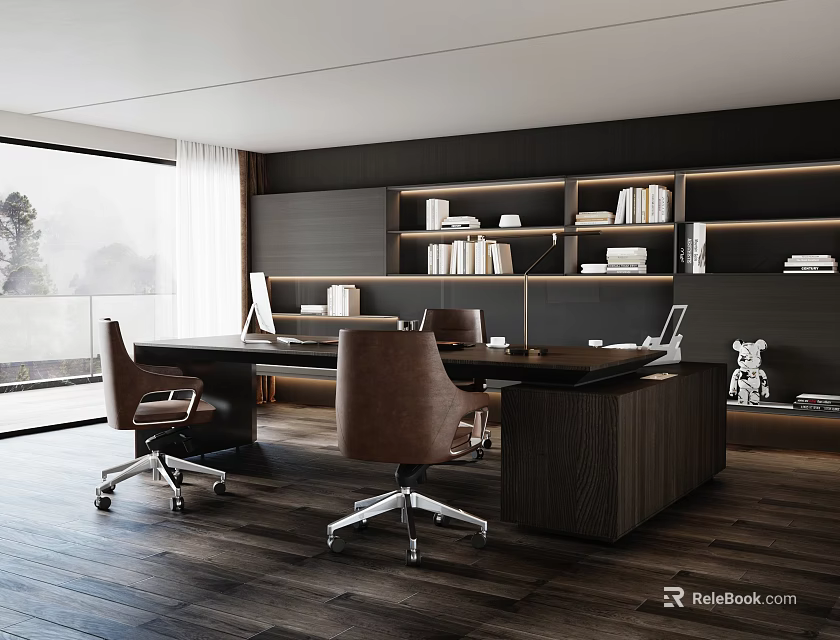 Modern Study Room With Large Window Dark Lit Bookshelves Large Desk And Brown Office Chairs 3d model 