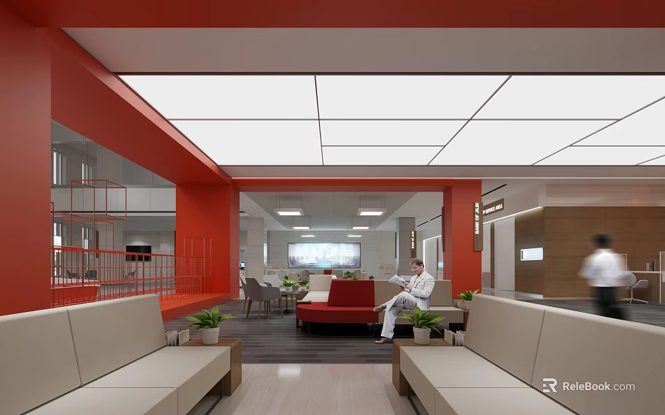 Modern Red Bank Lobby Interior With Sofa Green Plants Display Screen And People 3d model 