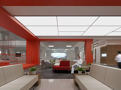 Modern Red Bank Lobby Interior With Sofa Green Plants Display Screen And People 3d model