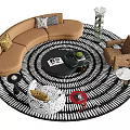 Curved Brown Sofa And Round Coffee Table Set With Throw Pillows And Area Rug 3d model