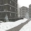 Snow Covered Path Between Buildings With Railings Street Lamp And Small Car