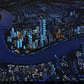 Birds Eye View Urban Planning Showcasing River Illuminated Skyscrapers and City Layout