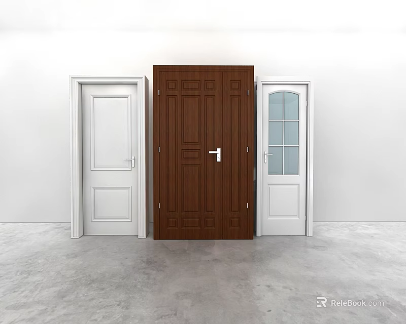 Brown Solid Wood Swing Door With White Panel And Glass Insert Design 3d model