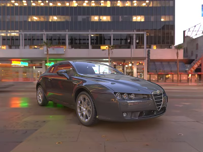 Black Sedan Parked On City Street With Tall Buildings And Evening Lights 3d model