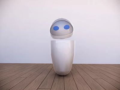 White Robot With Blue Eyes Standing On Wooden Floor Against White Wall 3d model