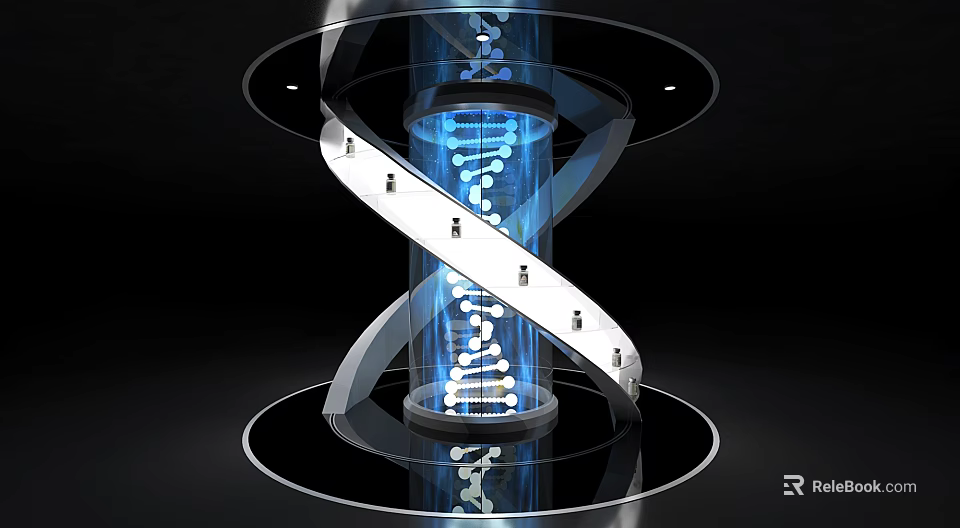 Modern Tech Display Shelf with DNA Helix Structure Transparent Material Blue Model and Staircase Design 3d model 