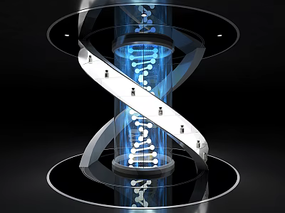Modern Tech Display Shelf with DNA Helix Structure Transparent Material Blue Model and Staircase Design 3d model