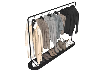 Fashionable Clothing Display On Rack With Hanging Clothes Shoes And Bags 3d model