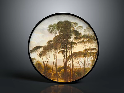 Circular Framed Landscape Painting With Tall Pine Trees And Warm Sky Ground 3d model