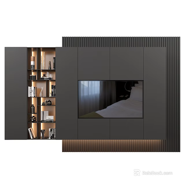 Modern Dark Gray TV Background Cabinet With Built-in TV Lit Shelves And Decorative Storage 3d model 