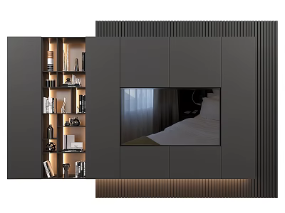 Modern Dark Gray TV Background Cabinet With Built-in TV Lit Shelves And Decorative Storage 3d model