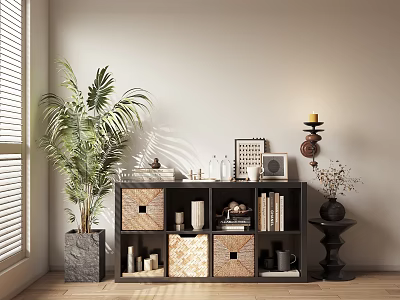 Stylish Decorative Cabinet With Woven Storage Boxes Books Green Plant And Beige Wall 3d model