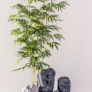 Modern bamboo green plant rockery combination 3d model