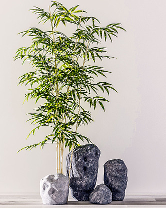 Modern bamboo green plant rockery combination 3d model