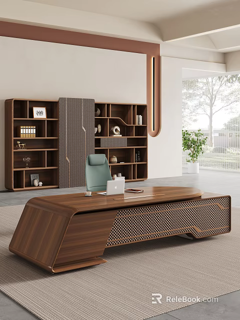 Modern Wooden Office Desk With Green Chair Laptop Shelving Unit And Potted Plant By Window 3d model 