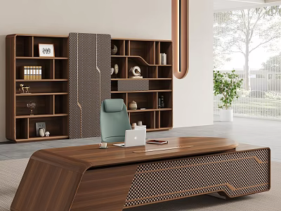 Modern Wooden Office Desk With Green Chair Laptop Shelving Unit And Potted Plant By Window 3d model