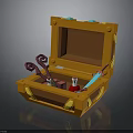 Open Orange Treasure Chest With Curved Keys Red Potion Blue Dagger And Tools