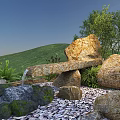 Rockery Stones With Flowing Water Green Plants And Pebbles In Natural Garden Landscape