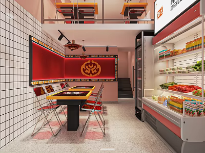 Modern Restaurant Interior With Red Decor Yellow Tables Black White Tile Walls And Display Fridge 3d model