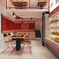 Modern Restaurant Interior With Red Decor Yellow Tables Black White Tile Walls And Display Fridge