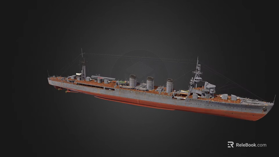 Detailed Warship Model Featuring Gray Hull Red Bottom Multiple Funnels And Masts 3d model