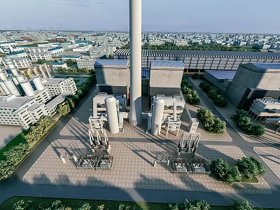 Aerial View of Industrial Plant with Tall Chimney Industrial Buildings Piping Structures and Surrounding Greenery 3d model