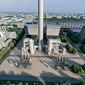 Aerial View of Industrial Plant with Tall Chimney Industrial Buildings Piping Structures and Surrounding Greenery