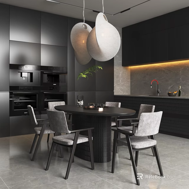 Modern Restaurant Interior With Black Cabinets Round Table Gray Chairs White Pendant Lights Marble Countertop 3d model 
