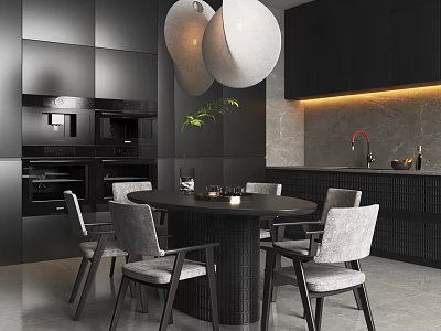 Modern Restaurant Interior With Black Cabinets Round Table Gray Chairs White Pendant Lights Marble Countertop 3d model